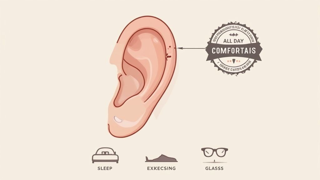 Illustration of an ear with a comfortable device, highlighting use during sleep, exercise, and with glasses.