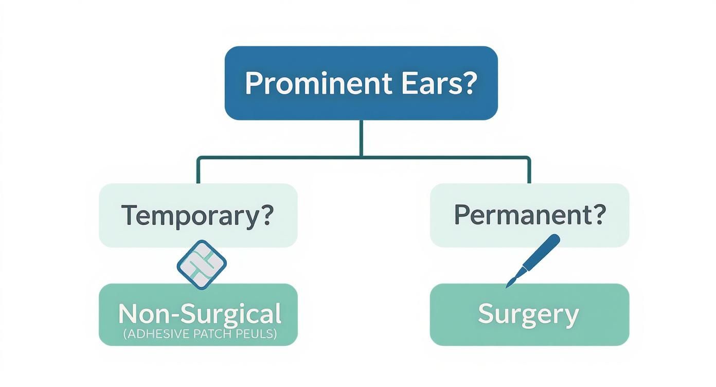 Infographic decision tree comparing temporary non-surgical ear pinning with permanent surgical otoplasty.