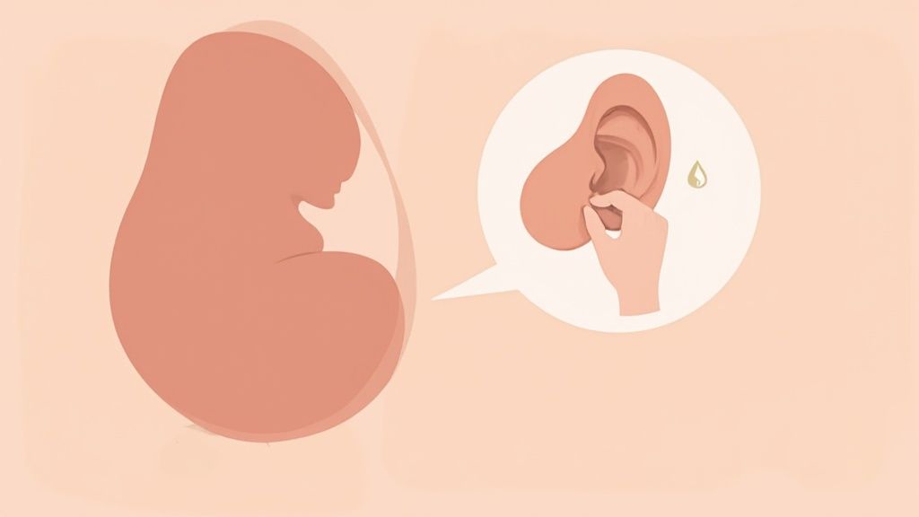 Illustration of a curled-up fetus alongside a human ear being gently touched, with a droplet.