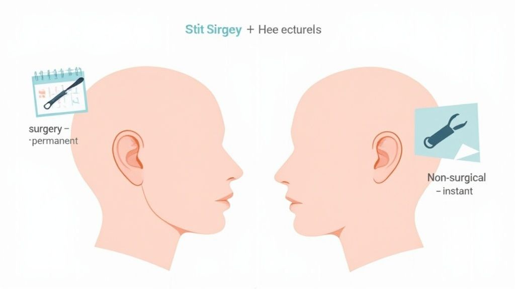 Two head profiles comparing surgical otoplasty and non-surgical ear correction methods for protruding ears