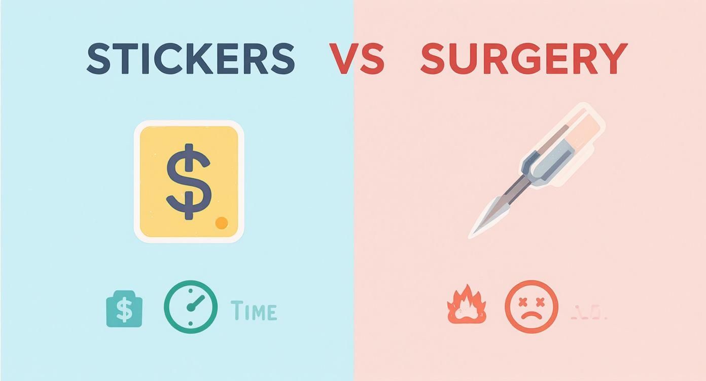 An infographic comparing stickers versus surgery, showing icons for cost, time, pain, and a scalpel.