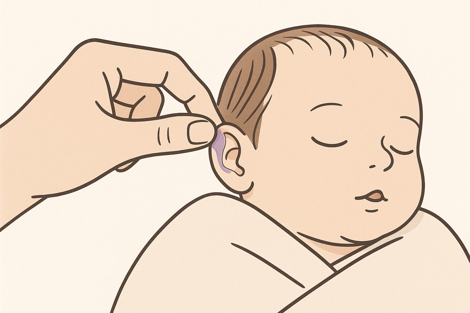 A parent's hand gently touching the ear of a sleeping newborn baby.