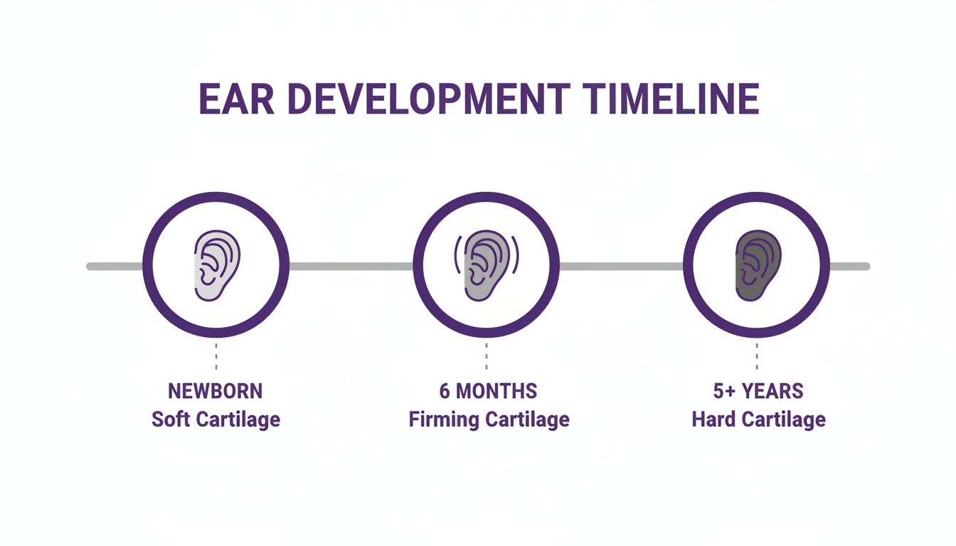 Ear development timeline: newborn soft cartilage, 6 months firming, 5+ years hard cartilage.