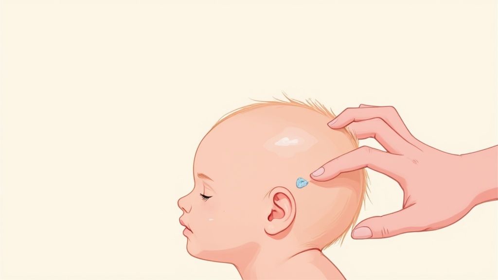 Hand applying adhesive tape to infant's ear for temporary ear pinning technique