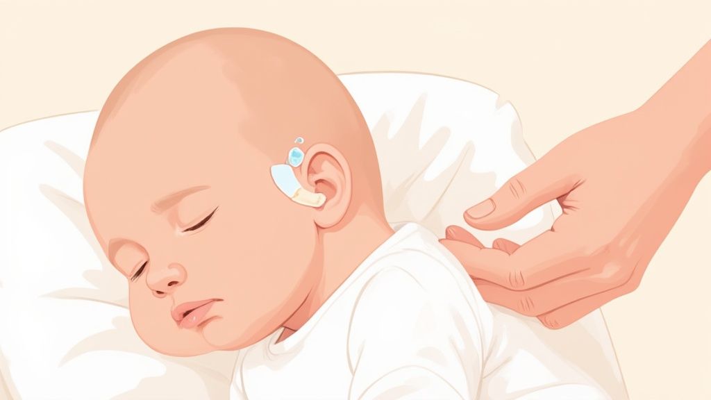 A happy baby wearing a gentle EarFix corrector, showcasing the product's safety and comfort.