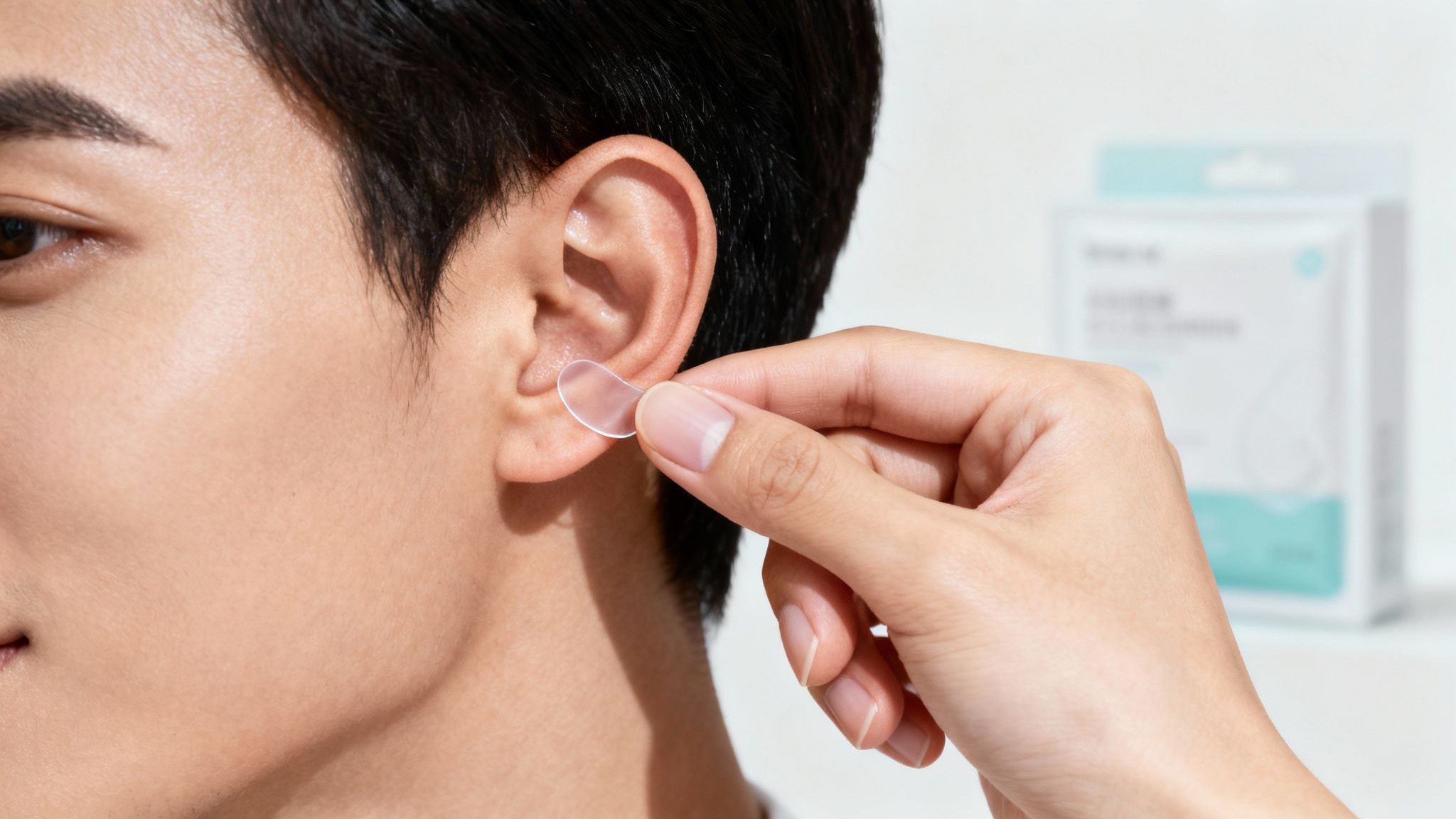 A parent gently applying an EarFix corrector to a smiling child's ear.