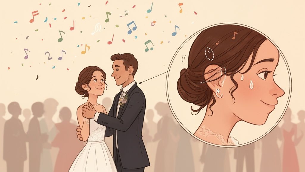 A joyful bride and groom dance at their wedding, with a close-up on the bride's ear featuring decorative stickers and musical notes.