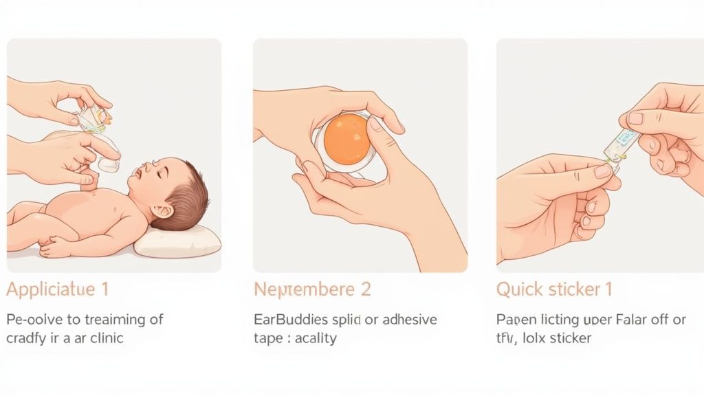 Three illustrations show steps for infant ear correction, including device application and adhesive use.