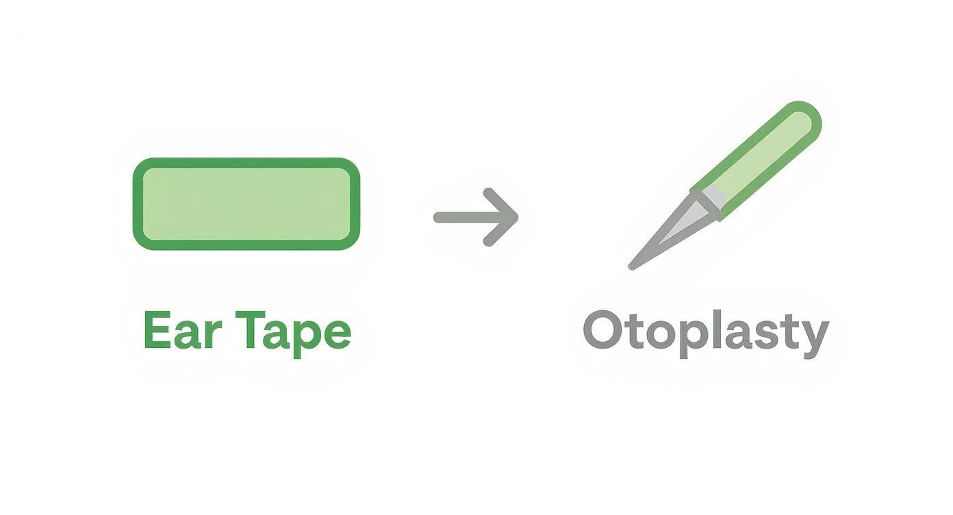 Diagram showing an ear tape icon with an arrow pointing to an otoplasty surgical scalpel icon.
