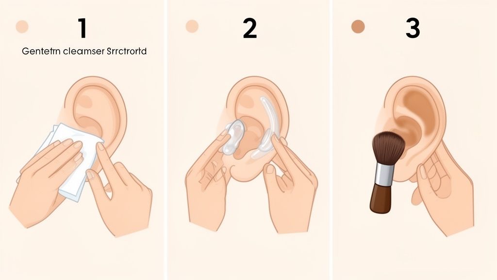 Three steps illustrating temporary ear correction: cleaning, applying patches, and blending with a brush.