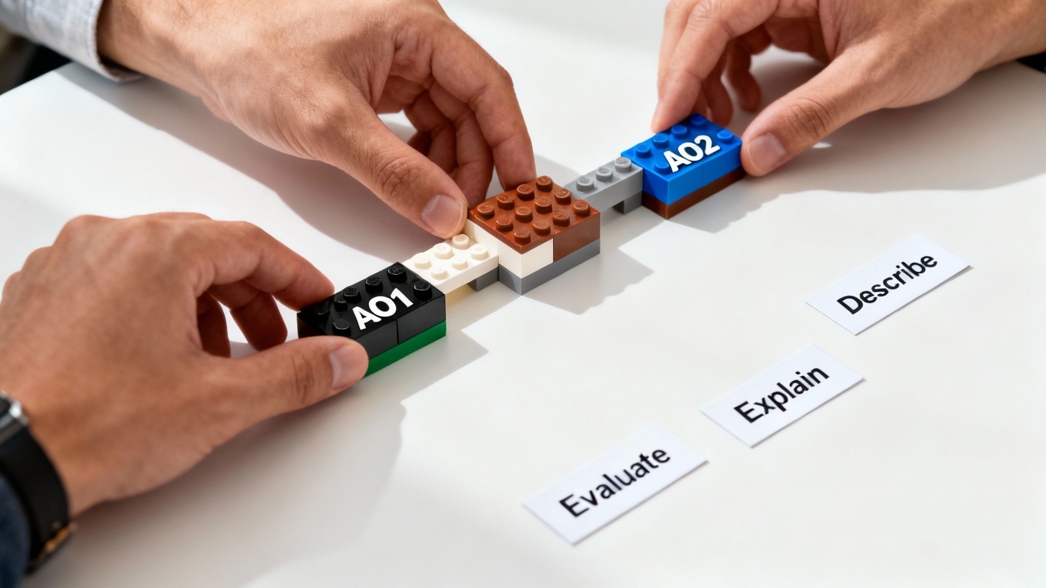 Hands assembling LEGO bricks with 'AO1' and 'AO2' labels, alongside 'Describe', 'Explain', and 'Evaluate' cards.