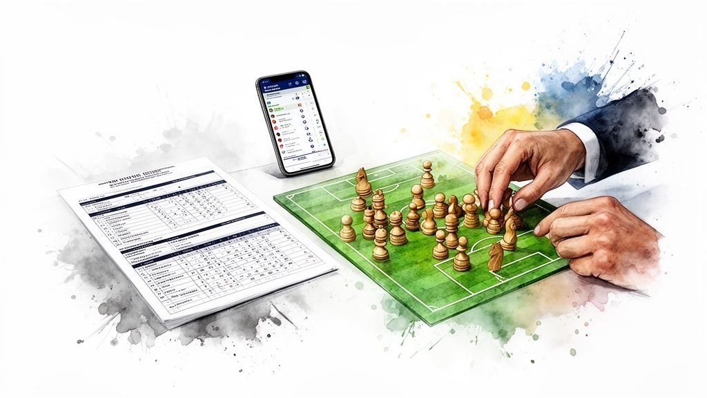 Hands move a chess piece on a football field-themed board, with a smartphone and documents nearby.
