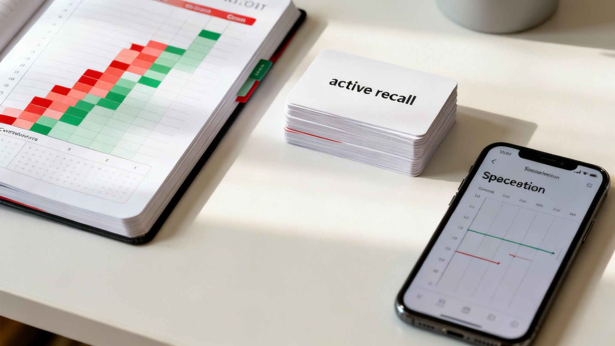 A desk with a notebook, flashcards, and a smartphone showing a learning app.