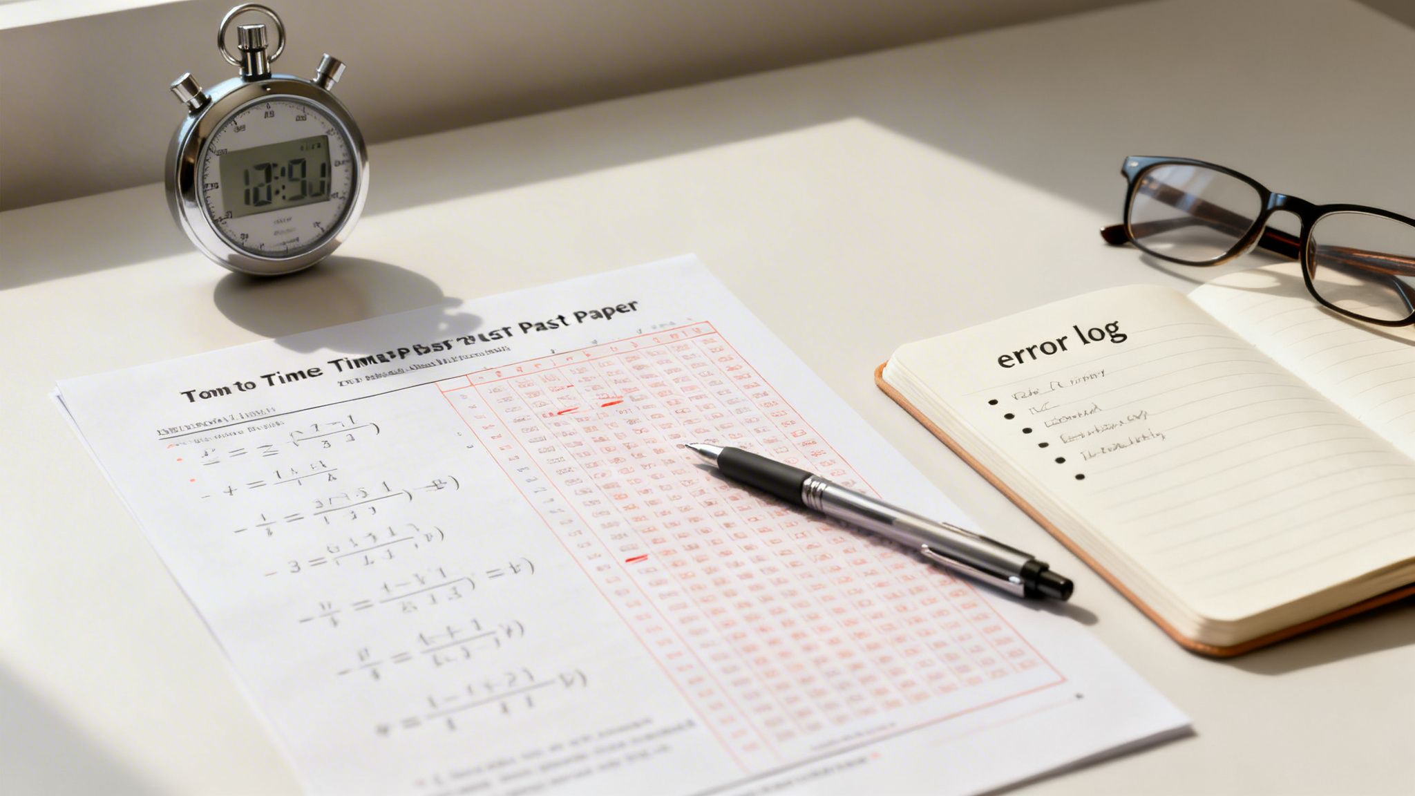 A study desk with a stopwatch, math exam paper, pen, error log, and reading glasses.