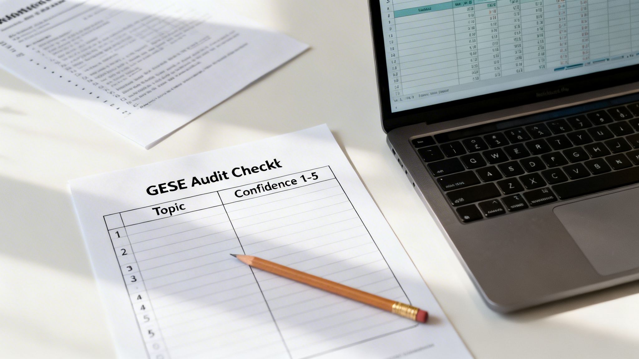 An audit checklist document and a pencil next to an open laptop displaying a spreadsheet on a white desk.
