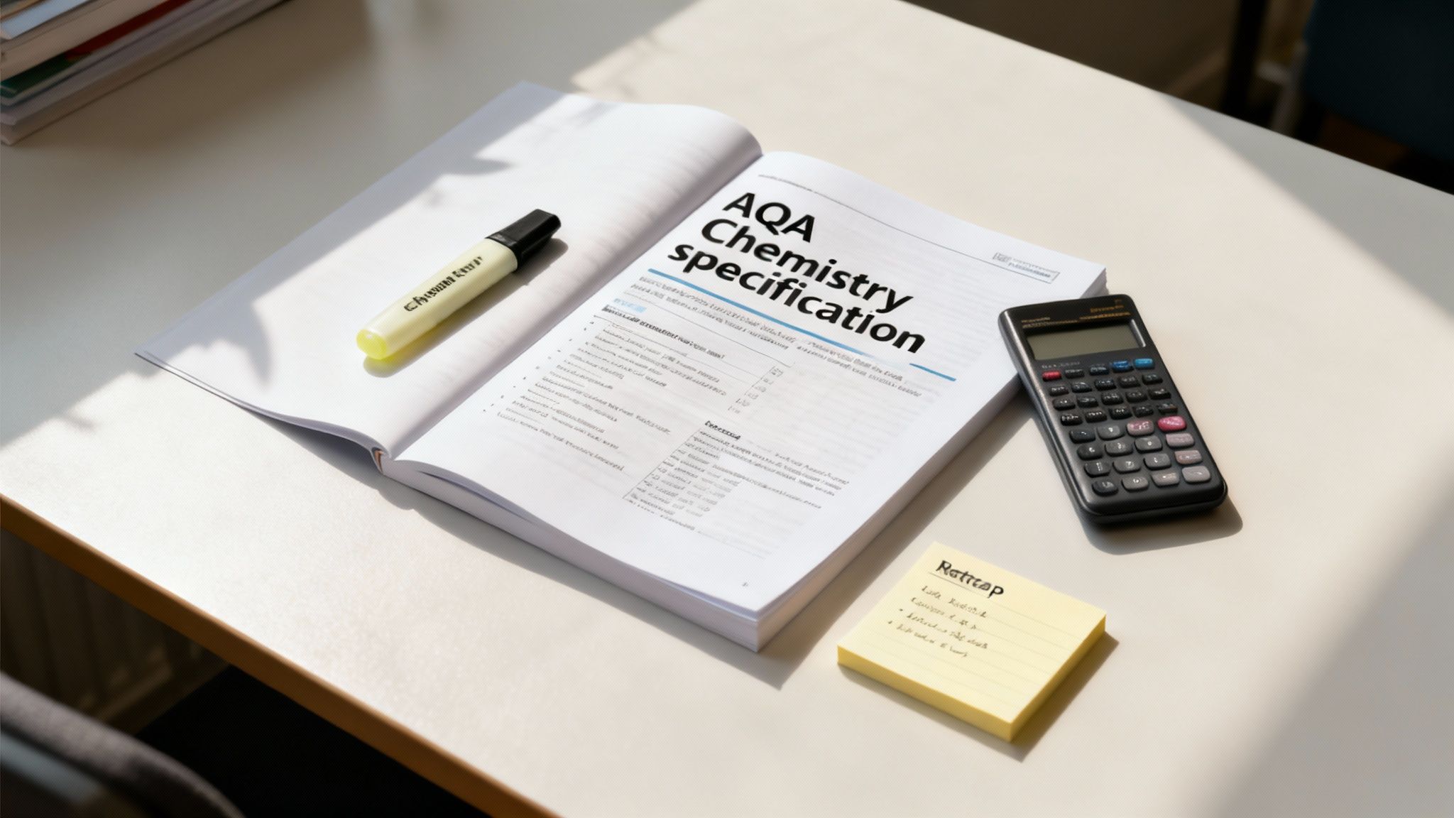 A student's desk with an open AQA Chemistry specification book, a highlighter, a calculator, and sticky notes.