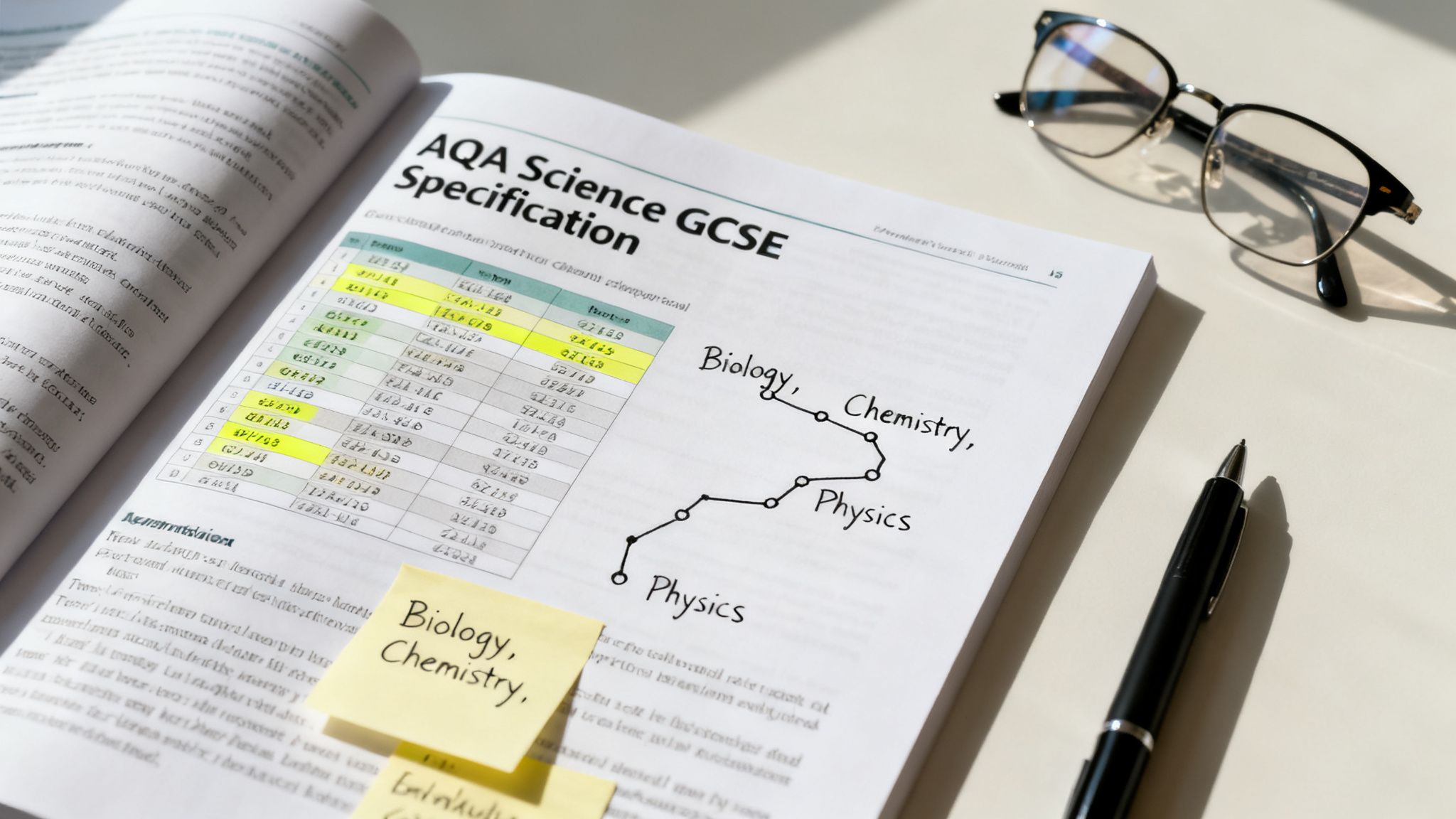 An open AQA Science GCSE book with handwritten notes on Biology, Chemistry, Physics, glasses, and a pen.