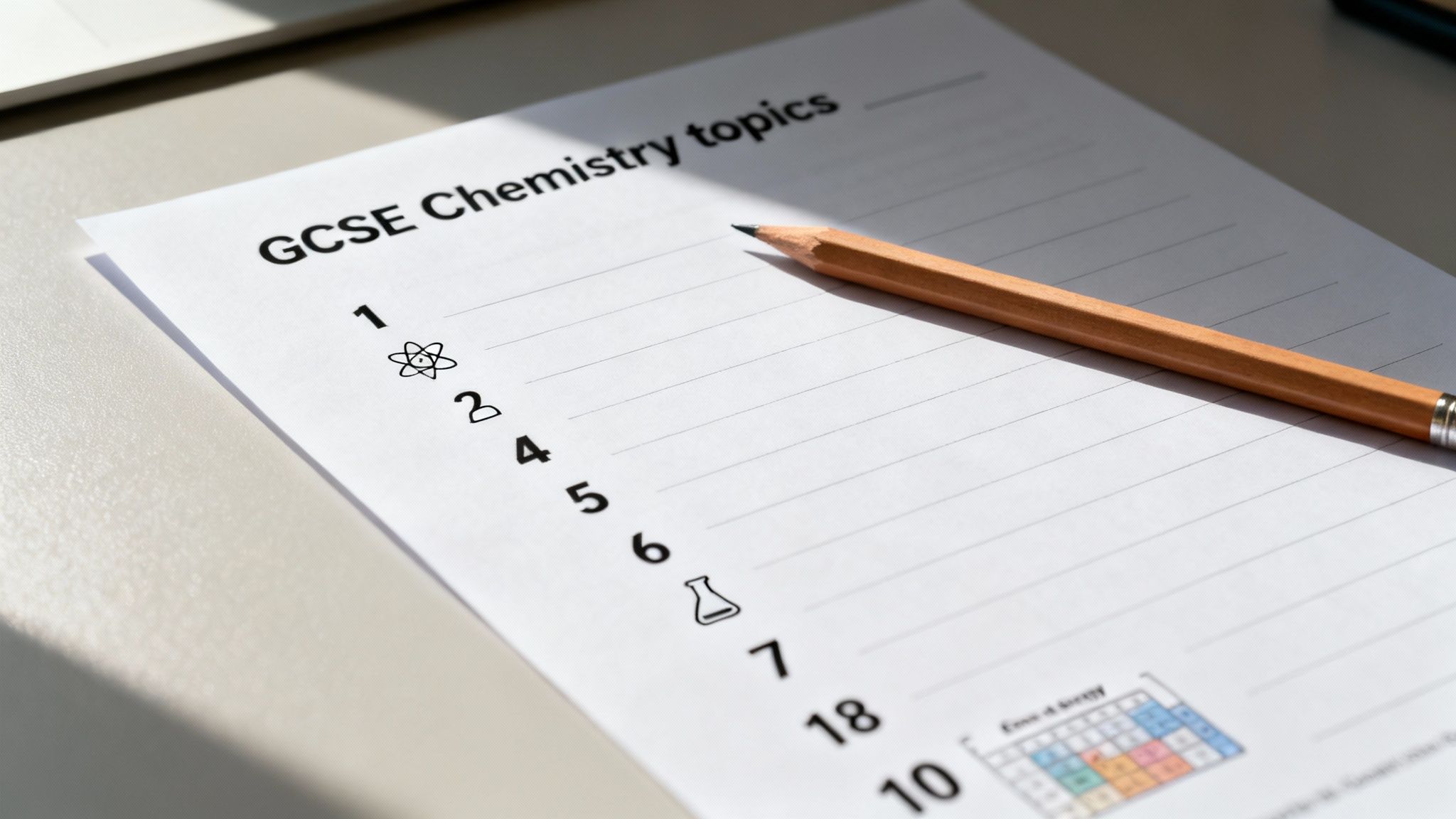 A paper titled 'GCSE Chemistry topics' with numbered lines and chemistry icons, along with a pencil.