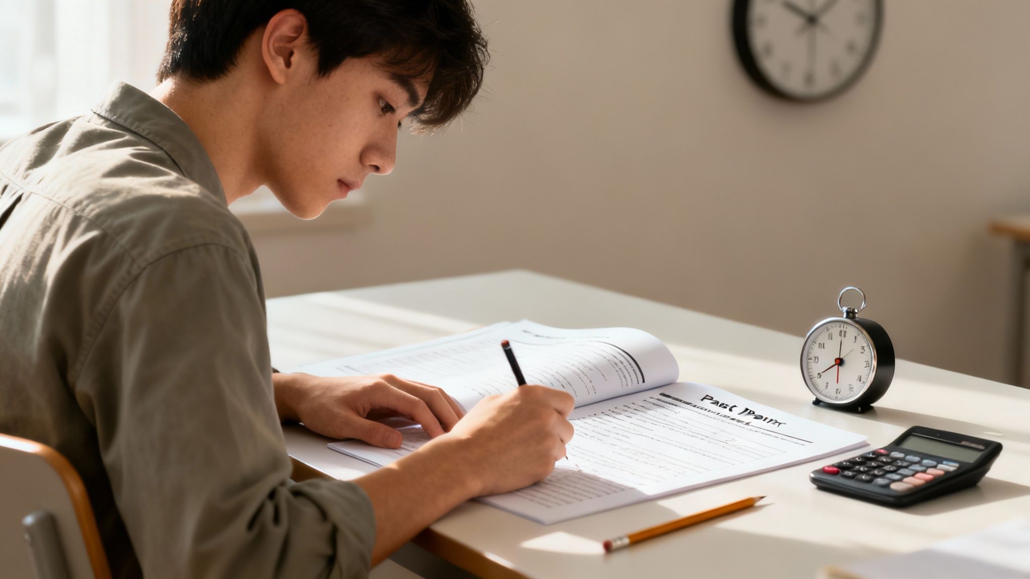 A focused student taking an exam or doing homework at a desk with a calculator and clock.