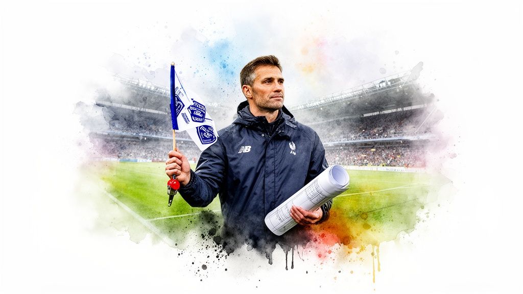 A male football manager on a pitch, holding a team flag and rolled plans.