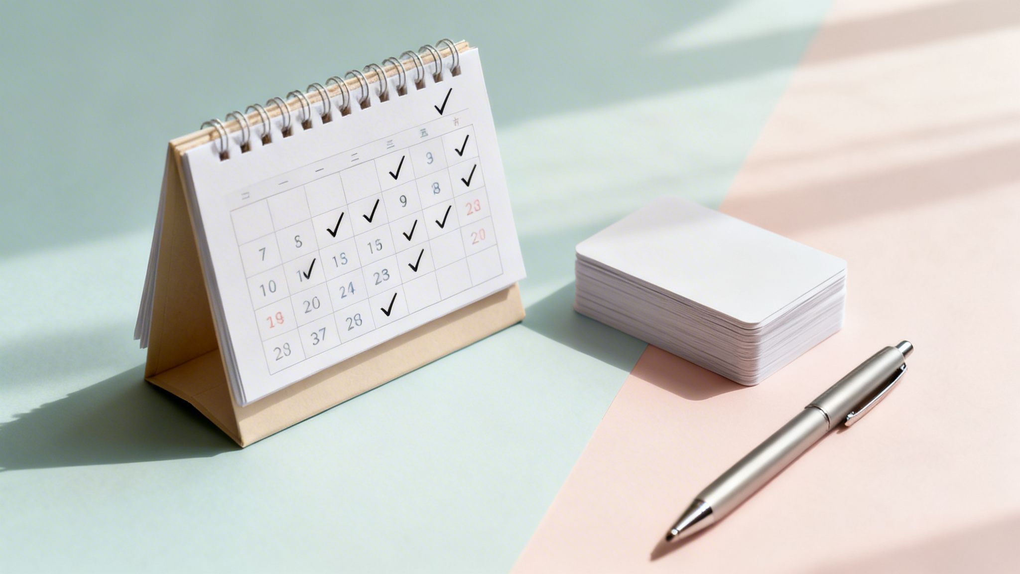 A desk calendar with checkmarks, blank cards, and a pen for study planning.