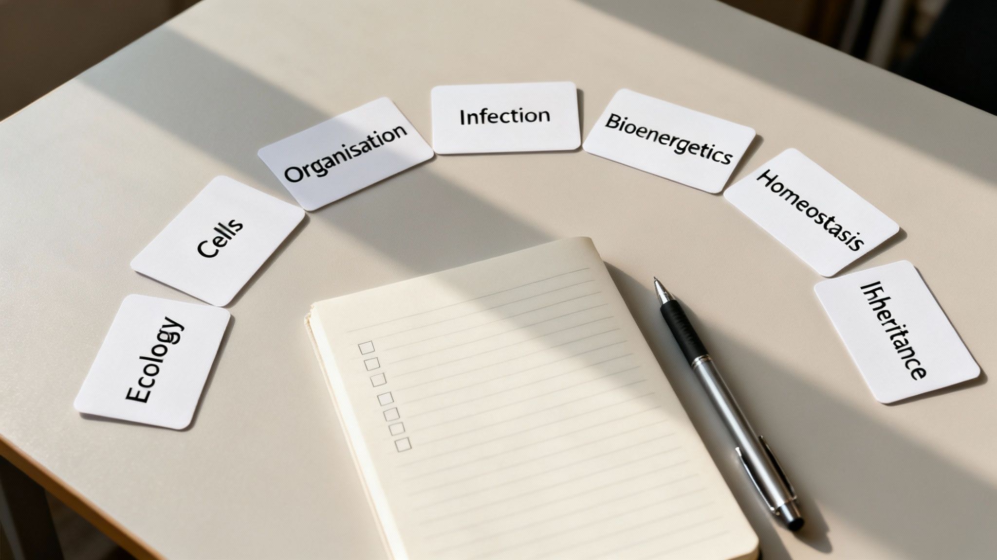 Flashcards displaying biology terms like Cells, Ecology, and Homeostasis arranged around a notebook and pen.