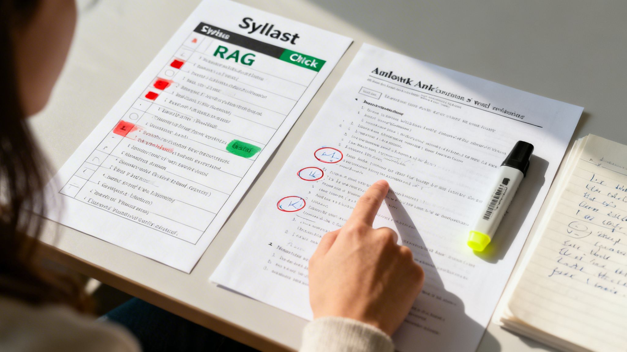 A student reviews study materials, pointing at a document with red circles and a highlighter nearby.