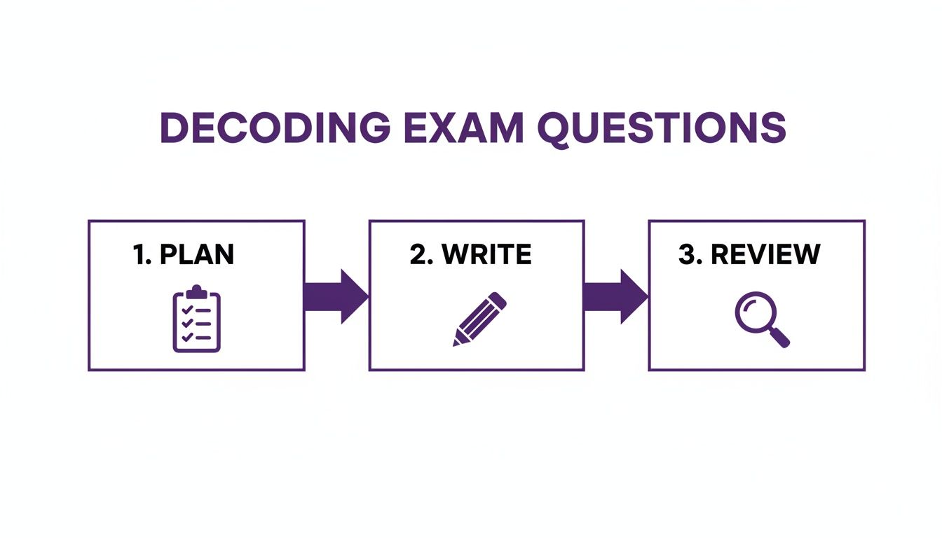 A flowchart outlining three steps for decoding exam questions: plan, write, and review.