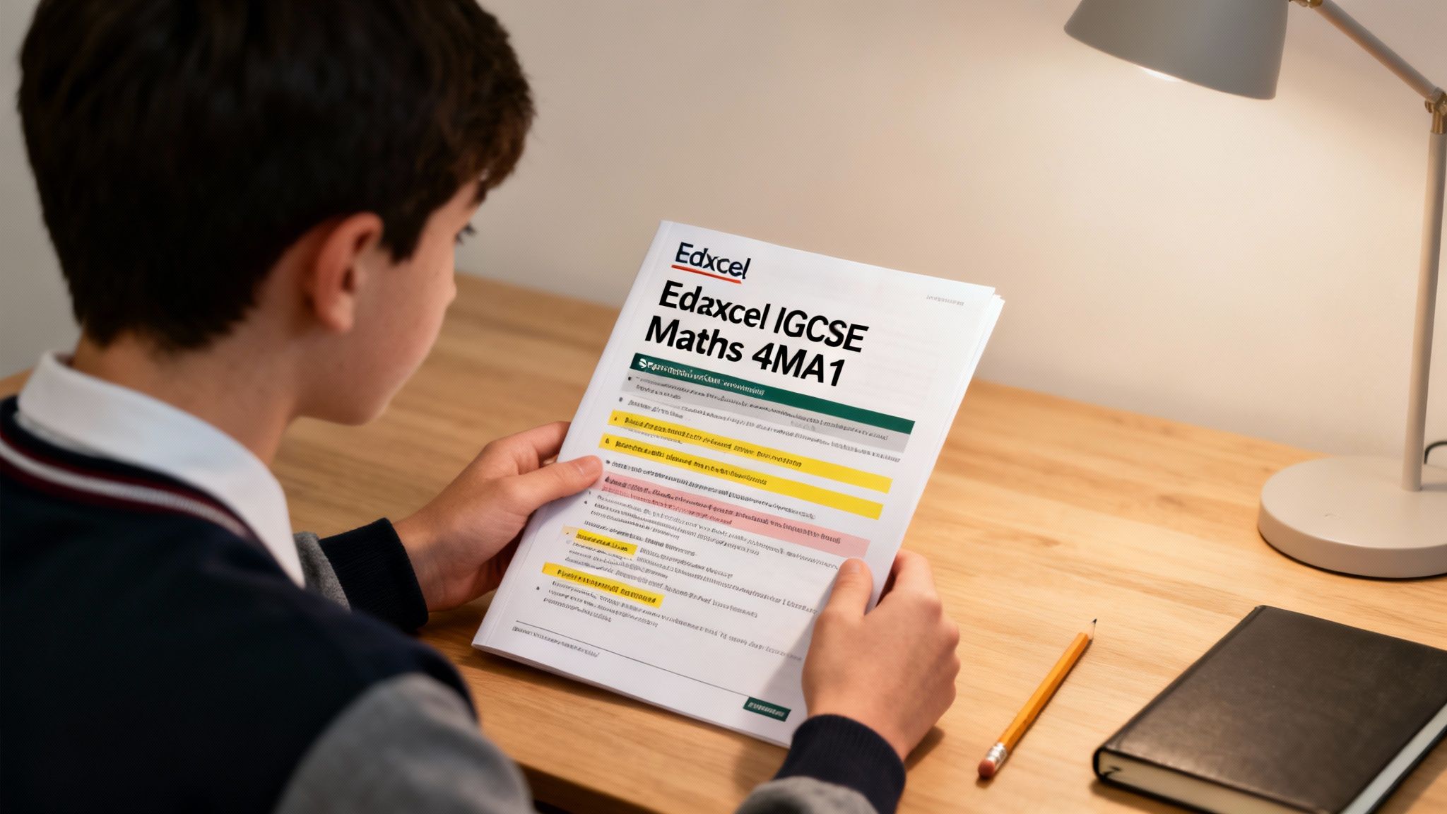 A student reading an Edexcel IGCSE Maths 4MA1 specification document at a desk.
