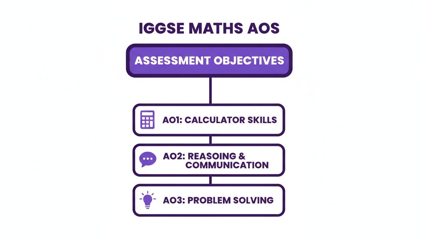 Flowchart displaying IGCSE Maths Assessment Objectives: Calculator Skills, Reasoning & Communication, and Problem Solving.