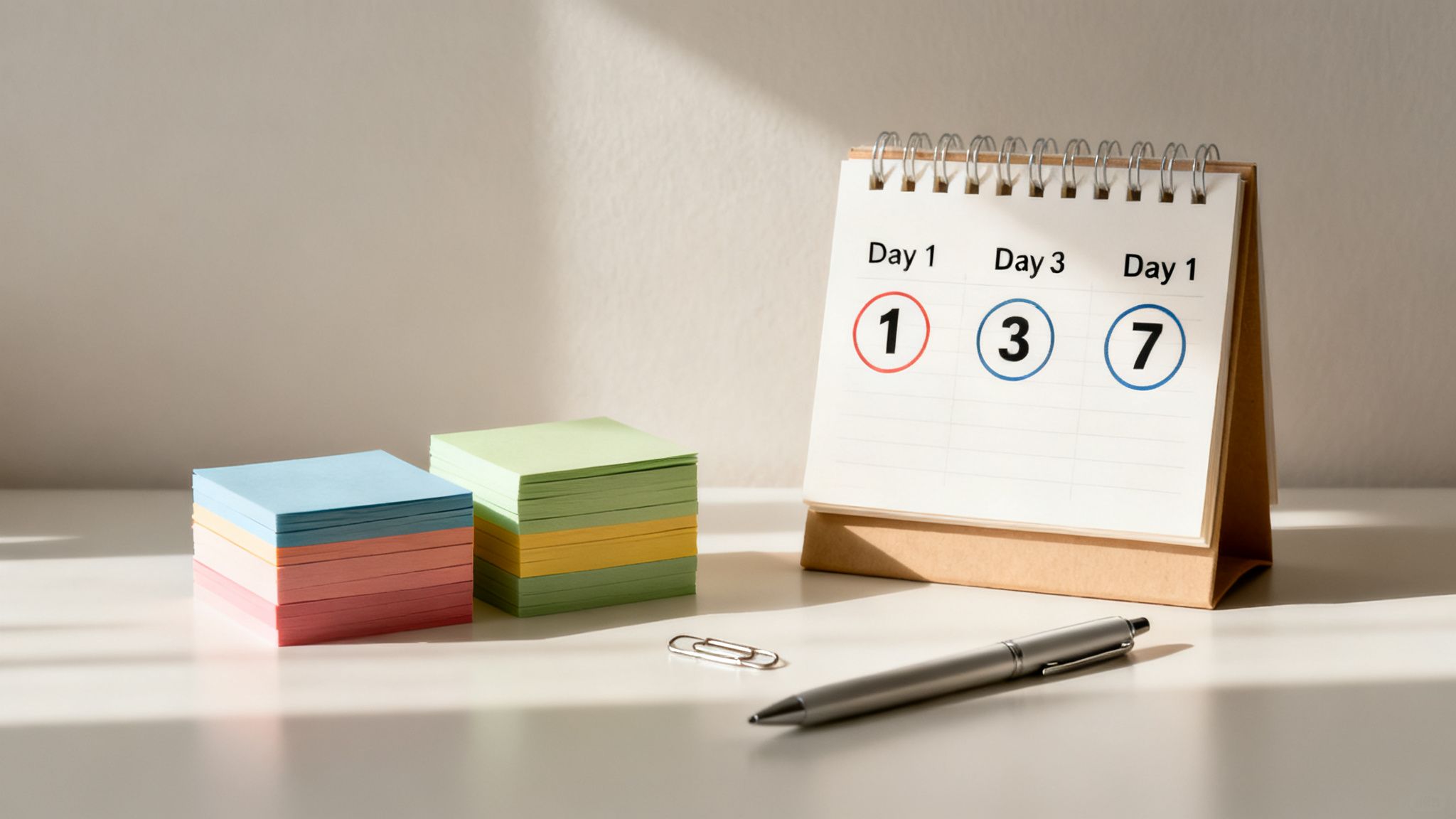 A brightly lit desk featuring two stacks of colorful sticky notes, a pen, and a calendar displaying Day 1, 3, and 7.