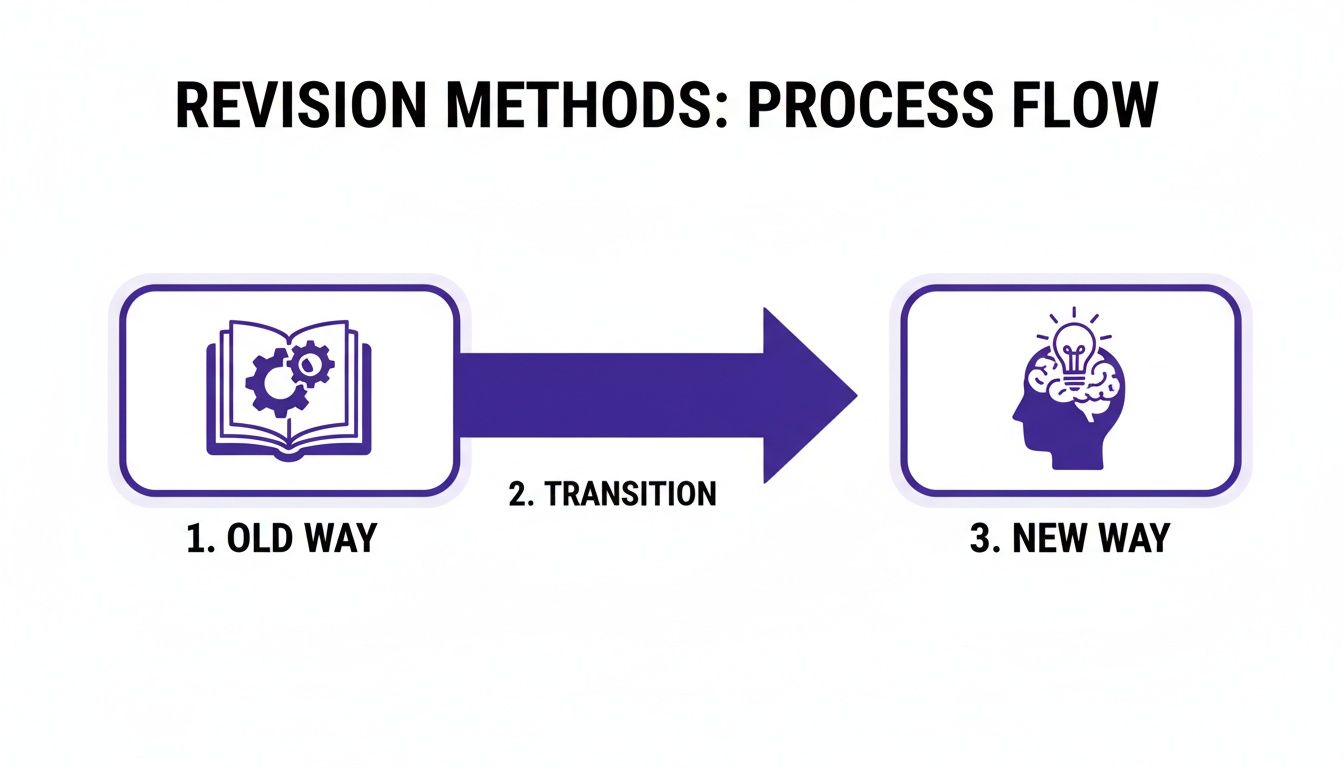 Diagram showing revision methods transitioning from a mechanical 'old way' (book with gears) to an insightful 'new way' (brain with lightbulb).