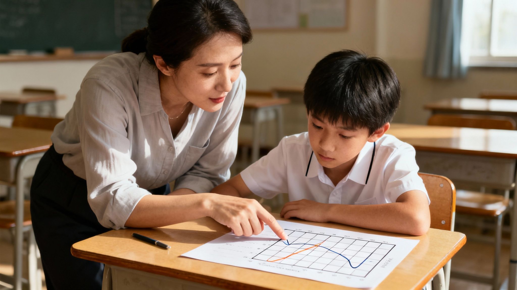 A teacher leans over a desk, pointing to a graph on a paper for a student in a sunlit classroom.