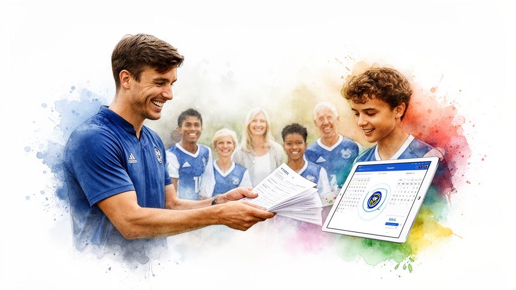Smiling coach gives papers to diverse sports team while boy uses tablet for event scheduling.