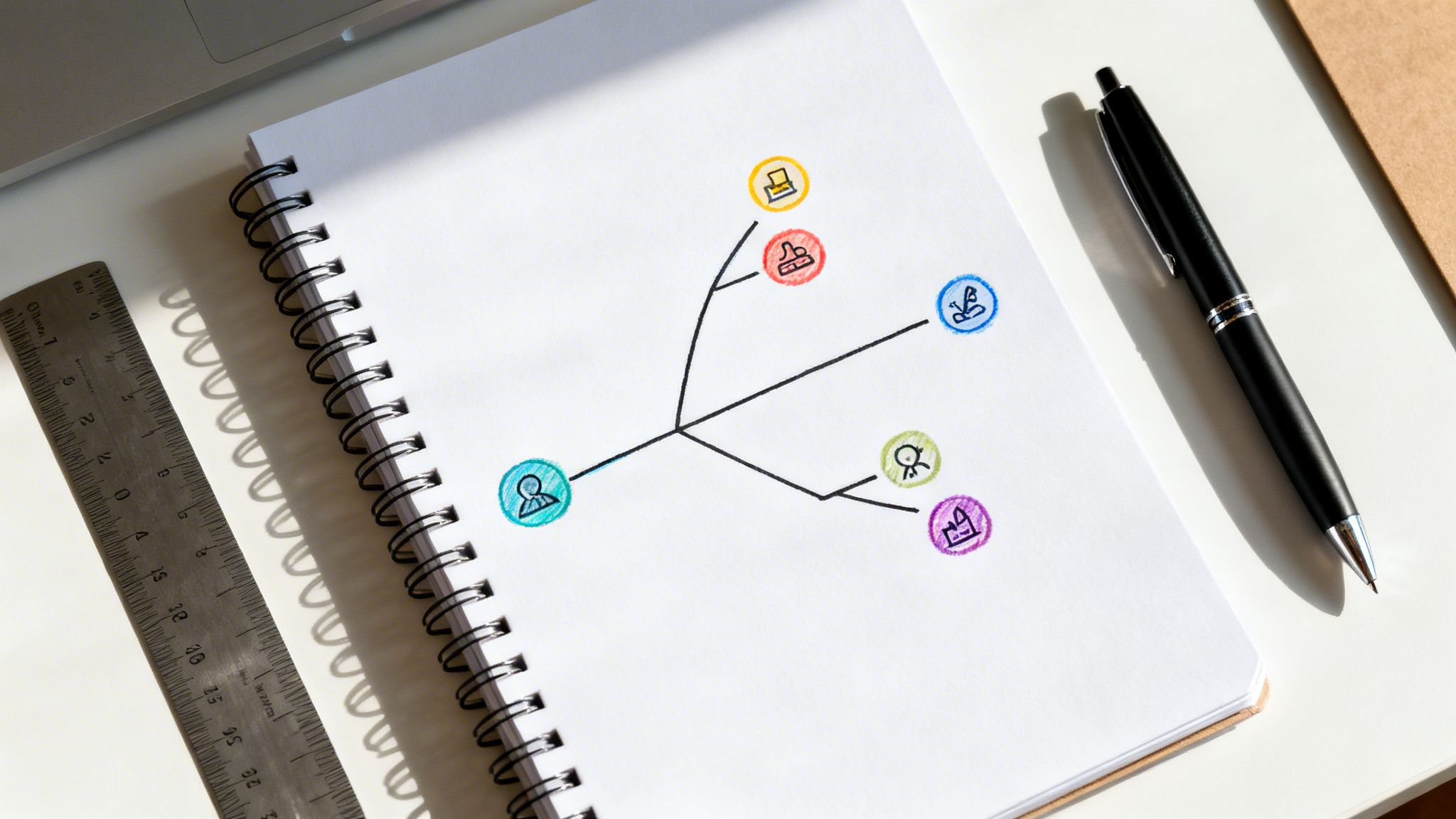Overhead view of a hand-drawn mind map in a notebook with colorful icons, ruler, and pen on a white desk.