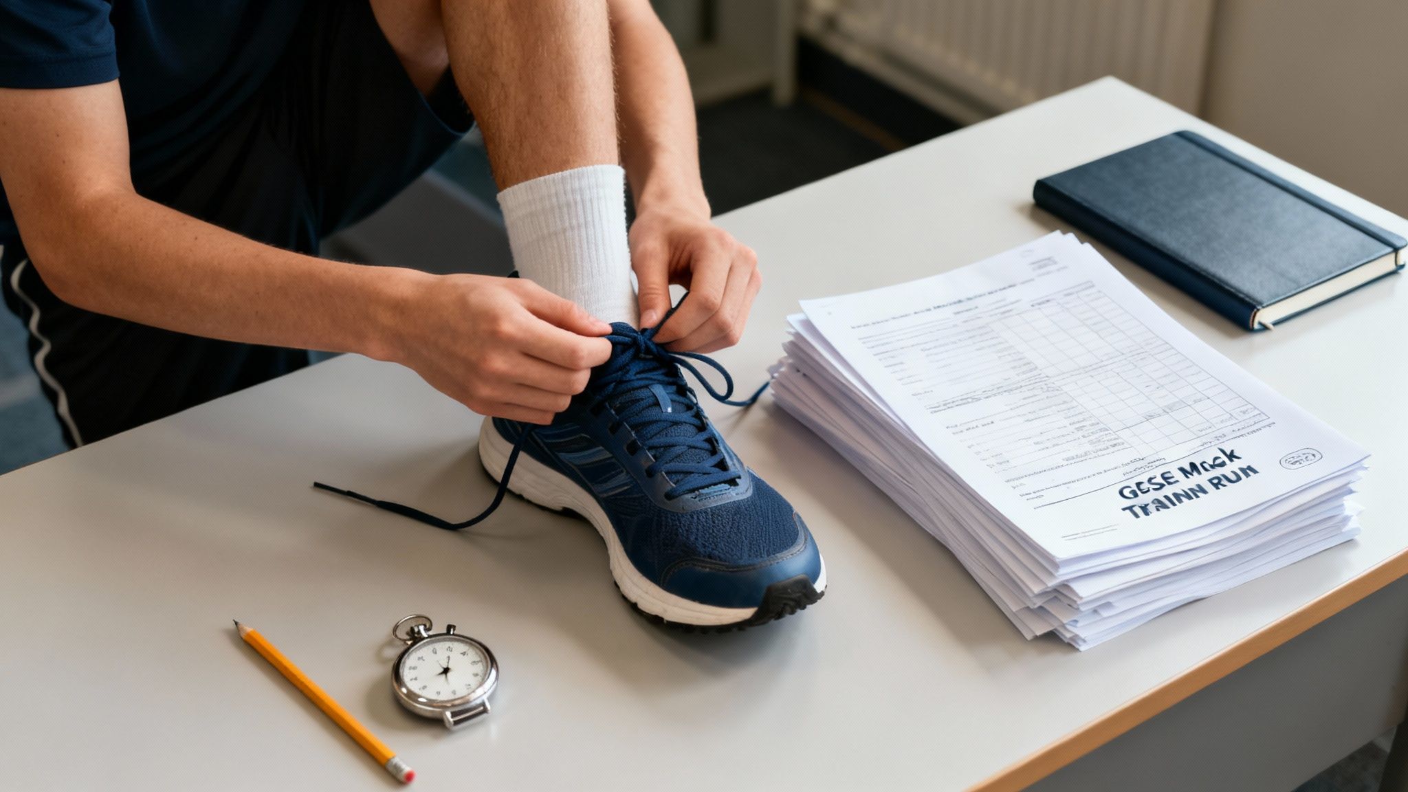 Hands tying blue running shoe laces on a table with GCSE mock exam papers and stopwatch.