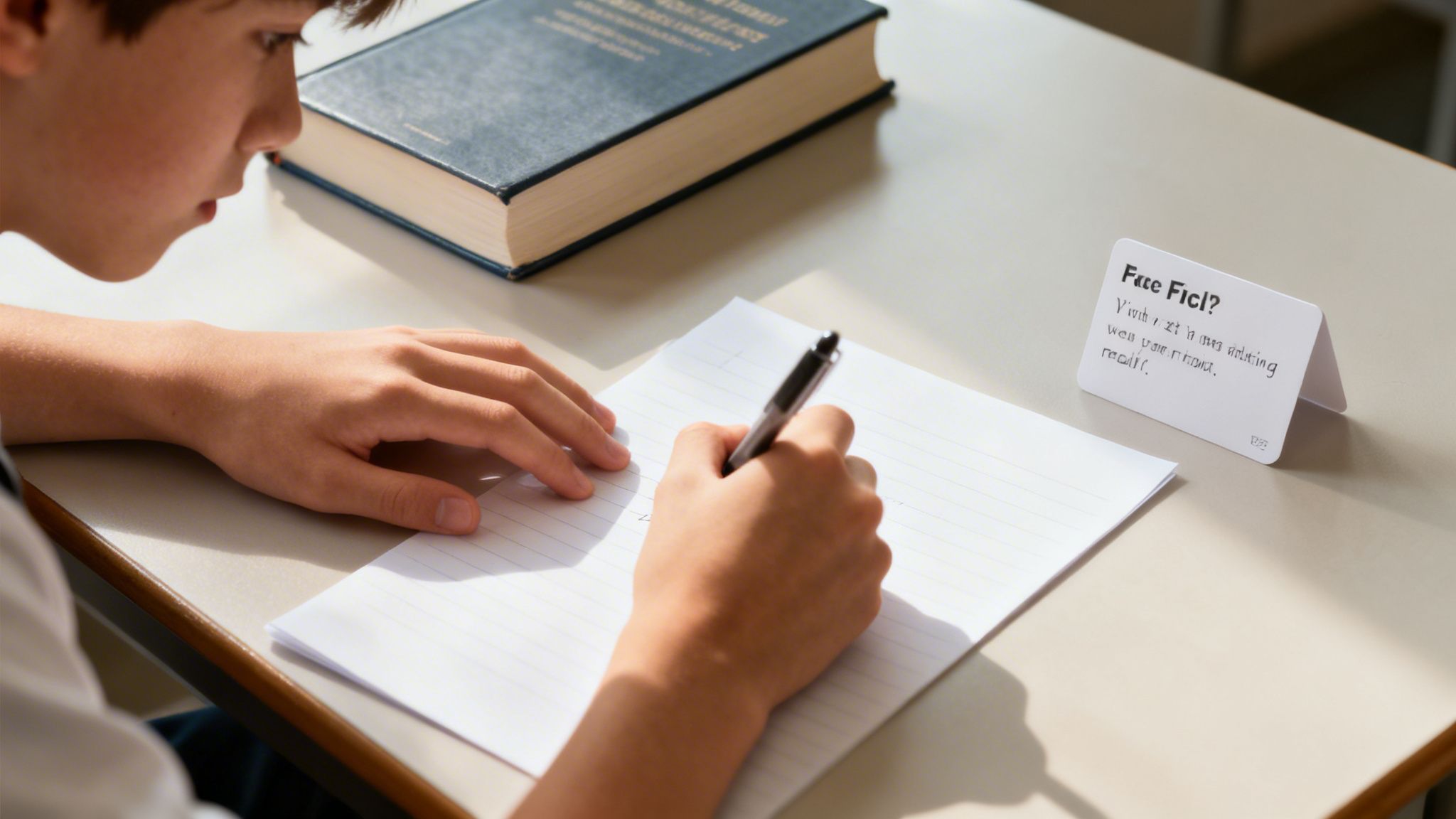 A focused student writes notes on lined paper, with a book and a revision card nearby on a desk.