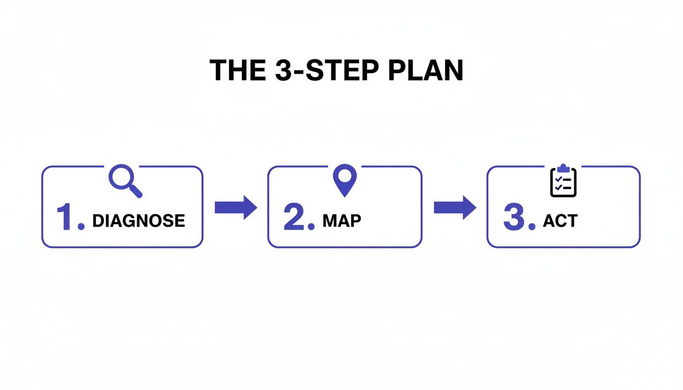 A visual representation of 'The 3-Step Plan' with steps: 1. Diagnose, 2. Map, and 3. Act, each with an icon.