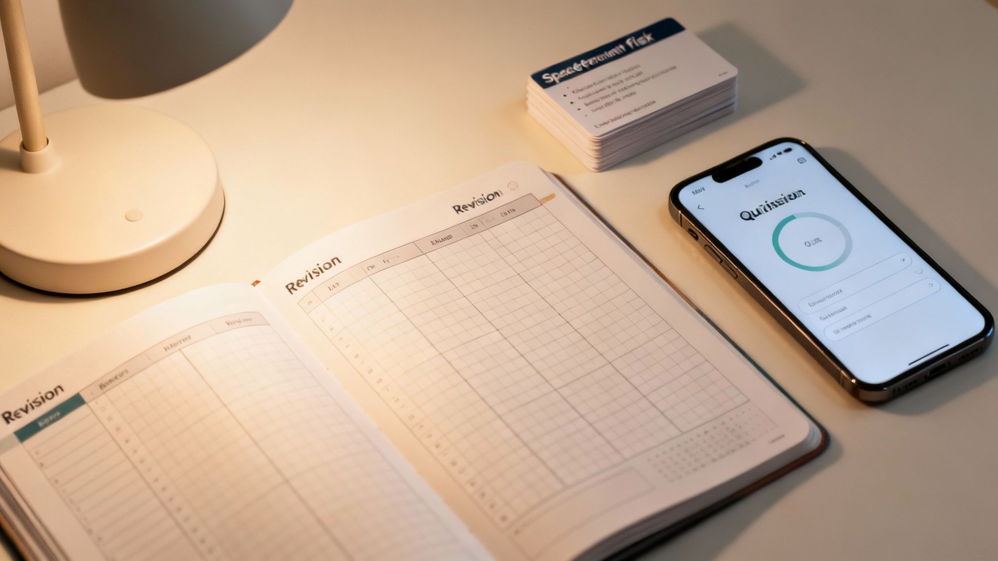 A study desk with a lamp, an open revision planner, flashcards, and a smartphone.
