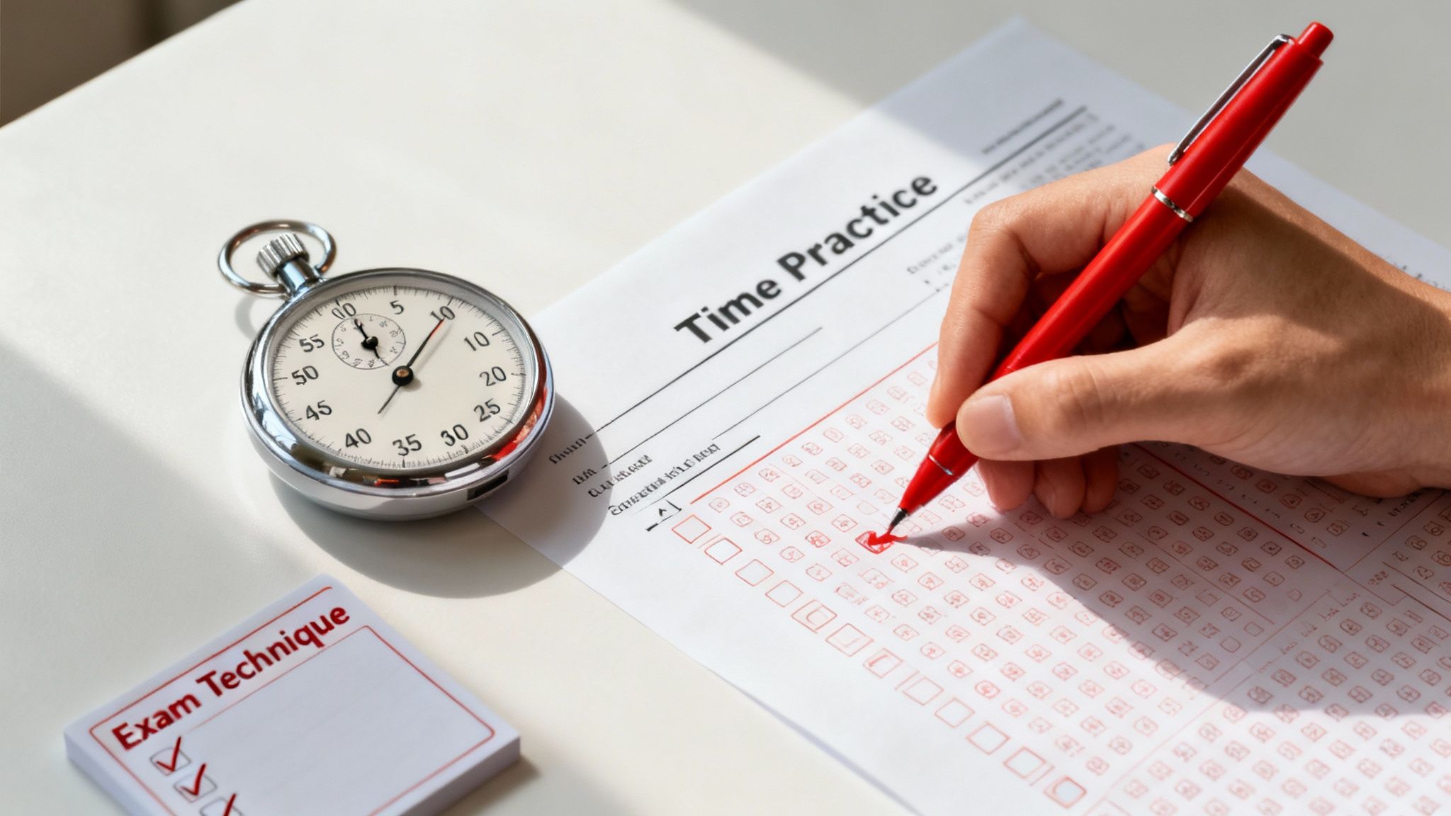 A hand filling out a multiple-choice test with a red pen during a timed practice session.