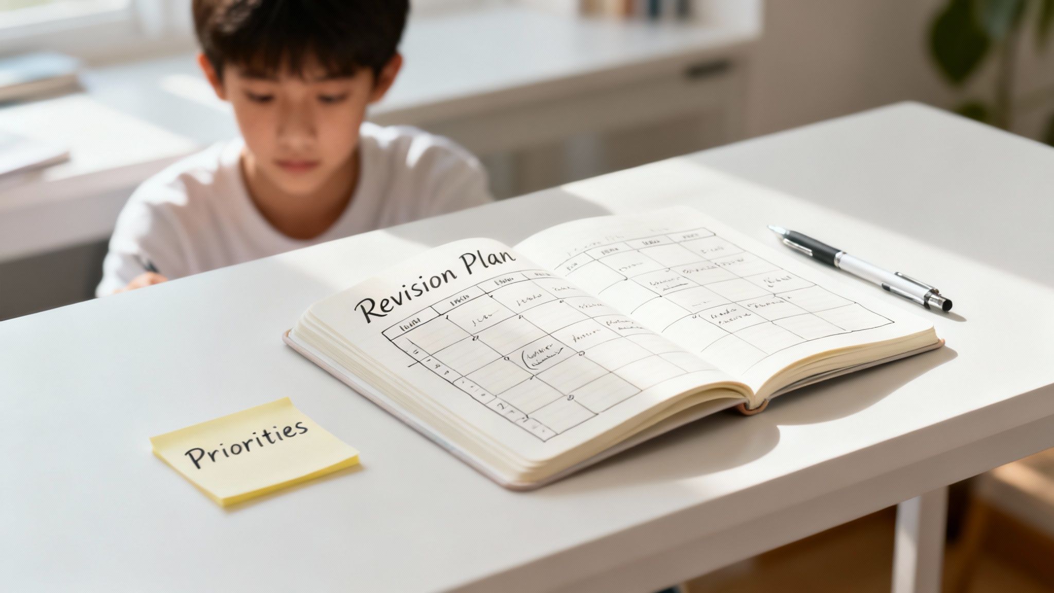 A young student sits at a desk, planning his study schedule using a 'Revision Plan' notebook and 'Priorities' sticky note.