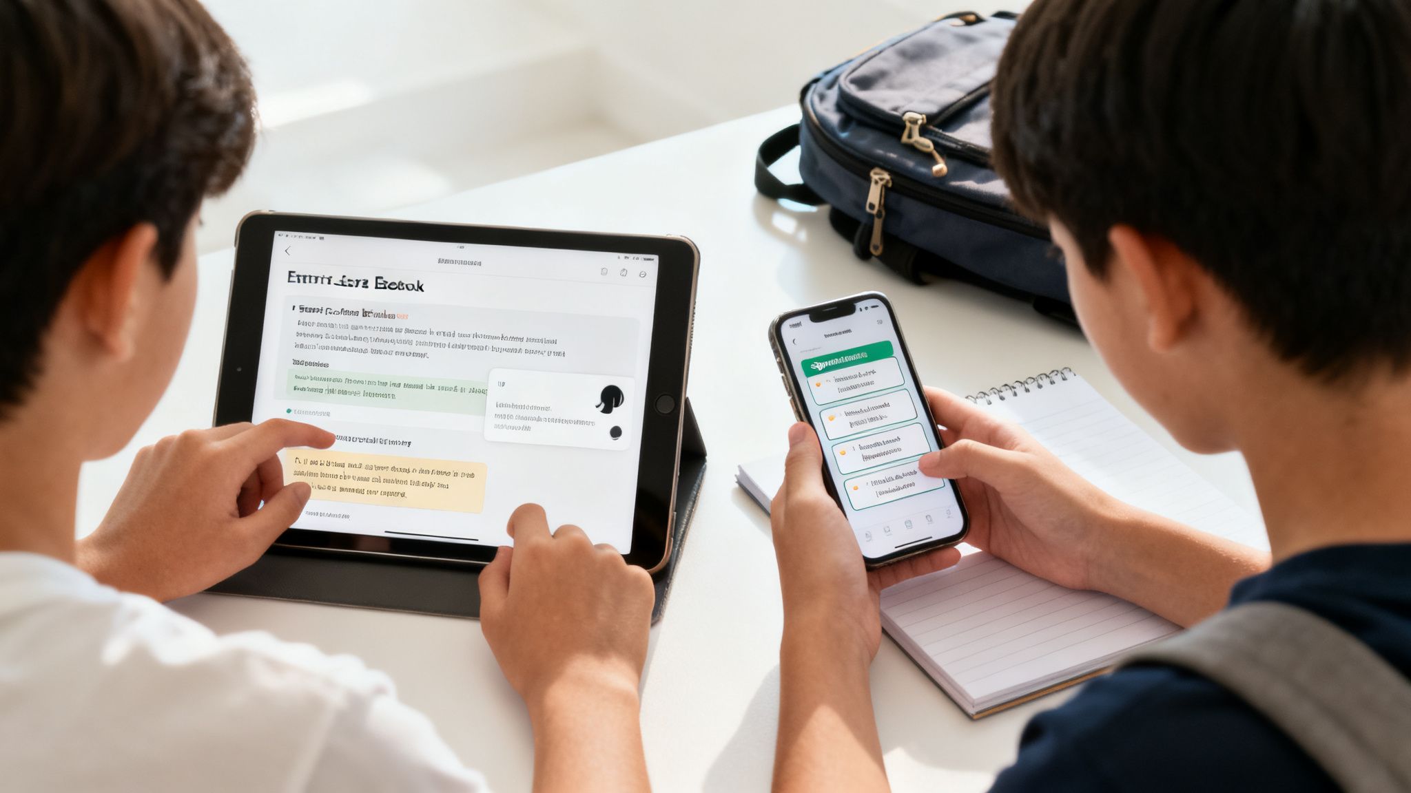 Two students are focused on revision, one using a tablet and the other a smartphone with study apps.