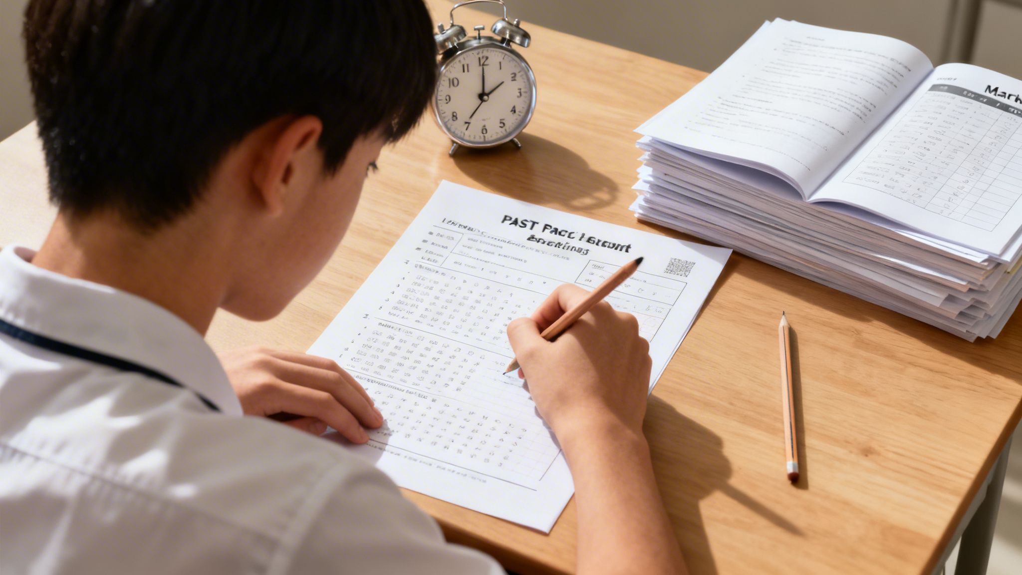 A student focused on writing an exam on a wooden desk with a pencil, books, and an alarm clock.