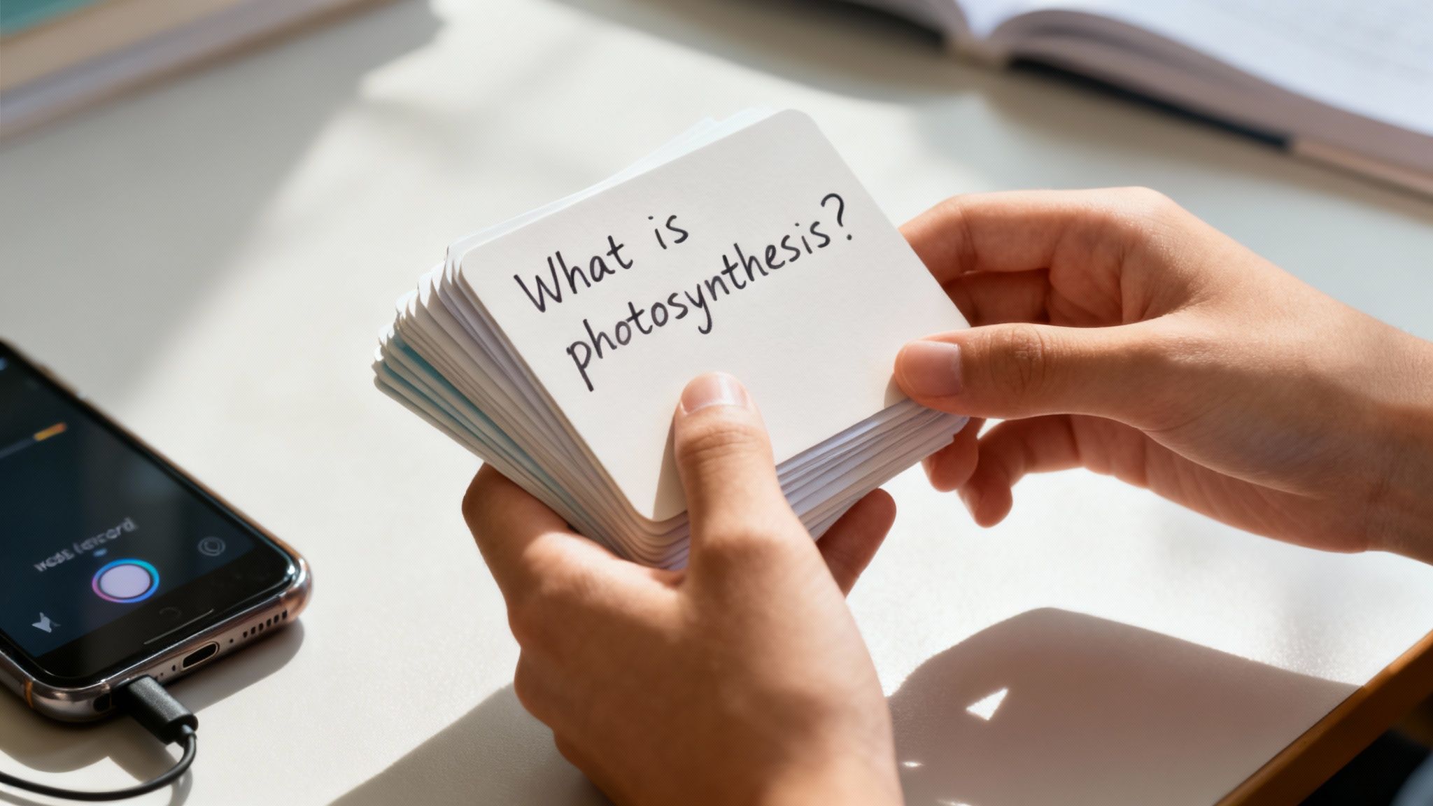 Close-up of hands holding flashcards with 'What is photosynthesis?' question, next to a smartphone.
