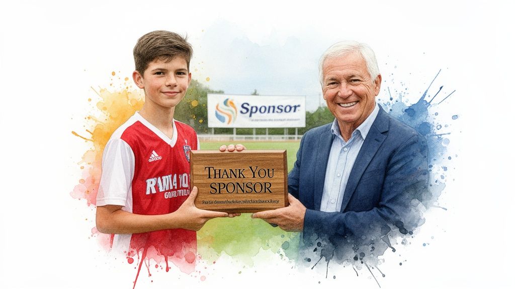 Young footballer and older man hold a 'Thank You Sponsor' plaque at a stadium.