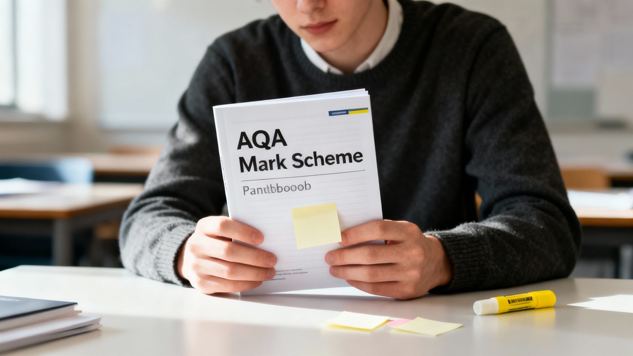 A student reviews an AQA Mark Scheme document with a sticky note, sitting at a desk in a classroom.