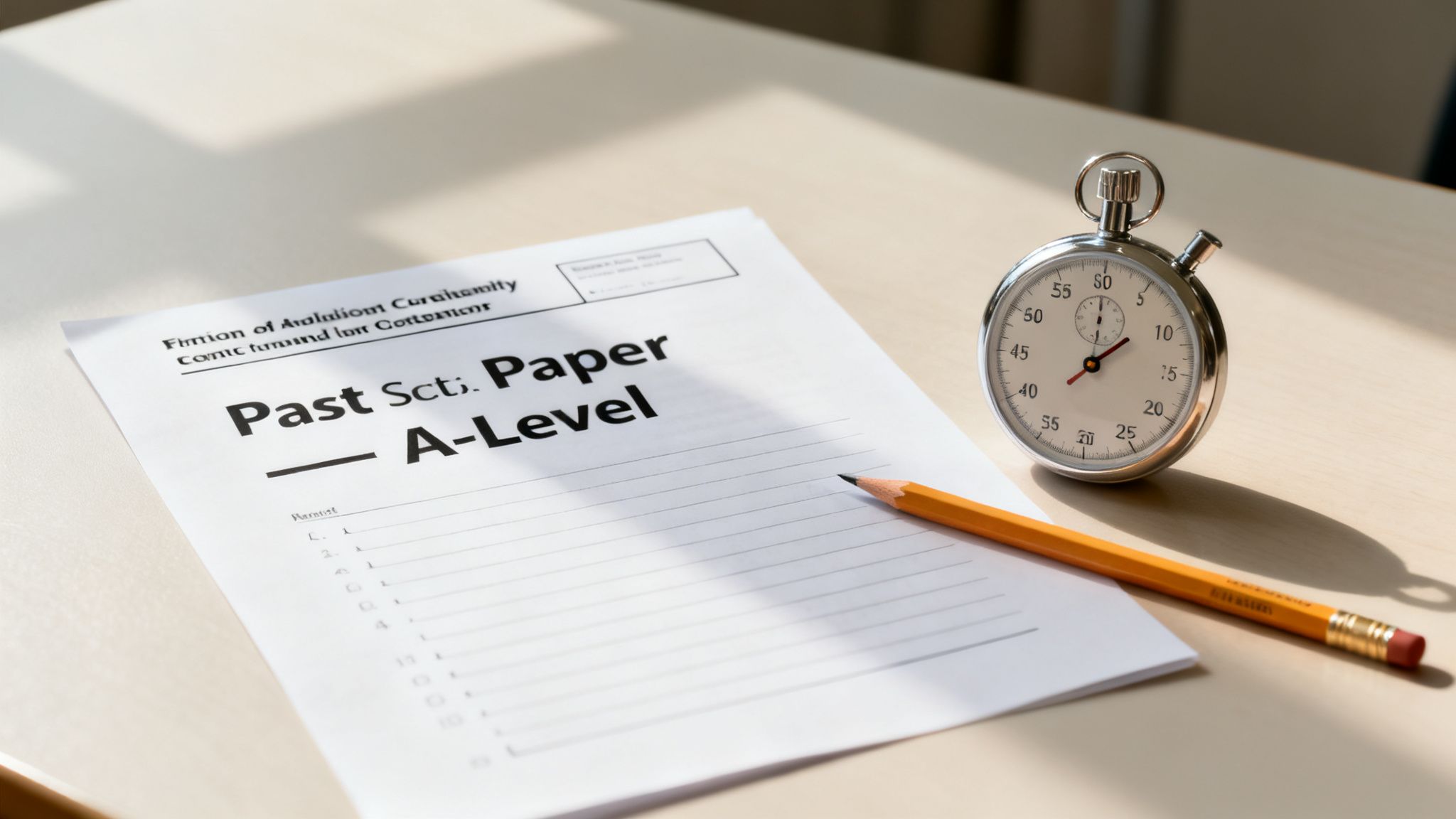 A-Level past paper, pencil, and stopwatch on a wooden desk, symbolizing exam preparation.