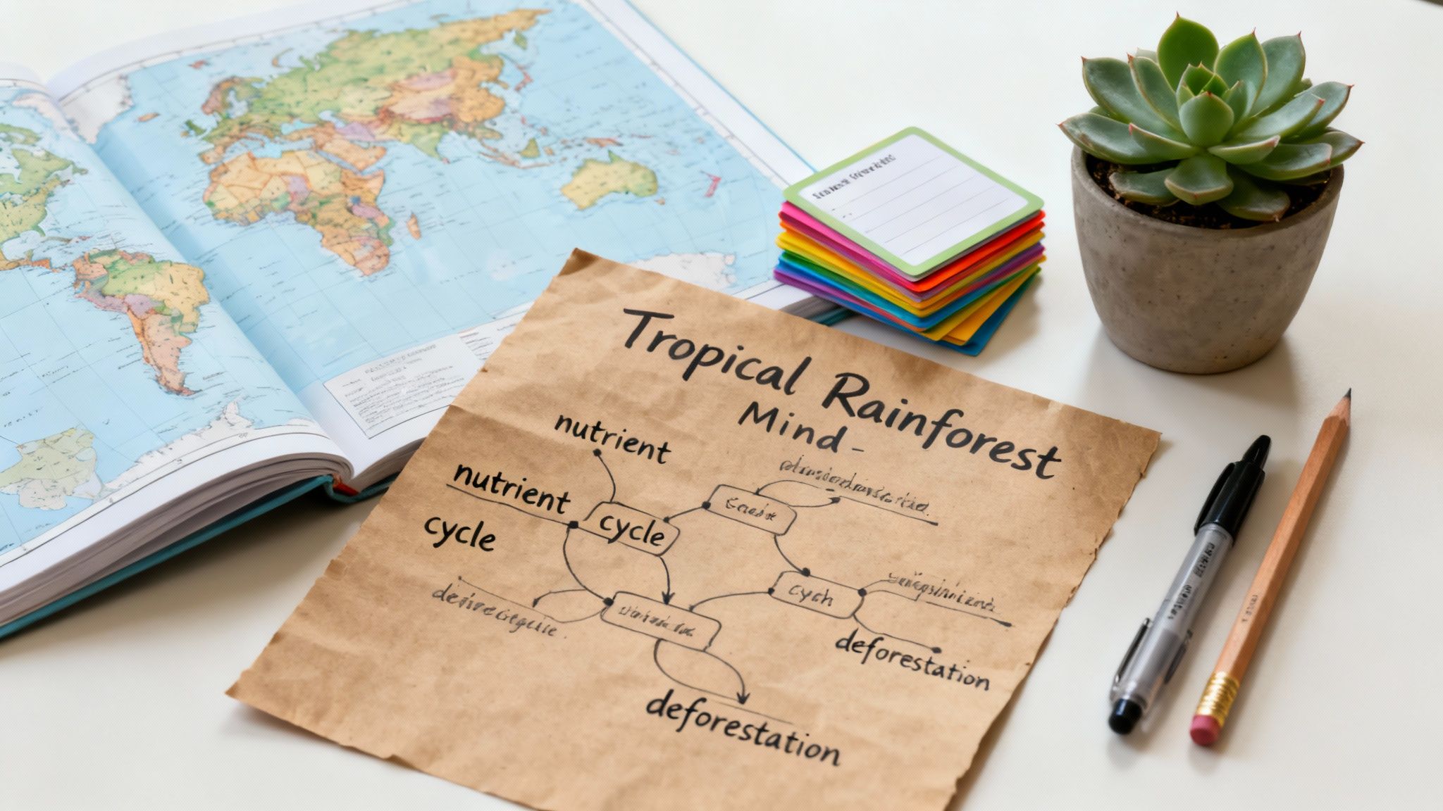 A geography study setup with a world map, tropical rainforest concept map, notes, and a succulent.