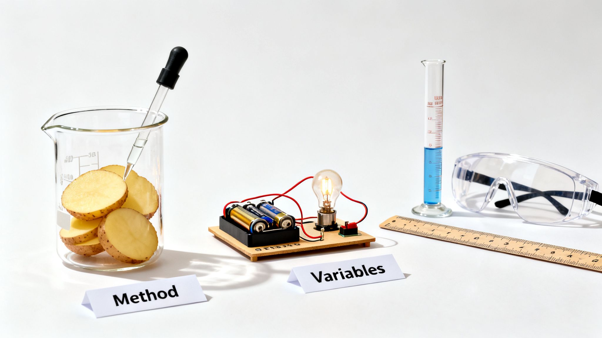 A science experiment setup with a beaker of potato slices, circuit, graduated cylinder, and safety glasses.