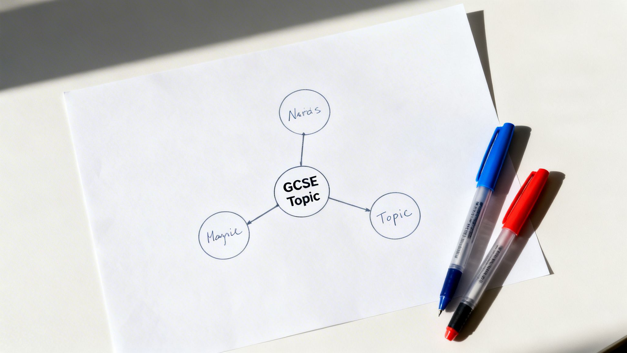 A handwritten GCSE revision mind map on white paper, showing connected topics with two pens.